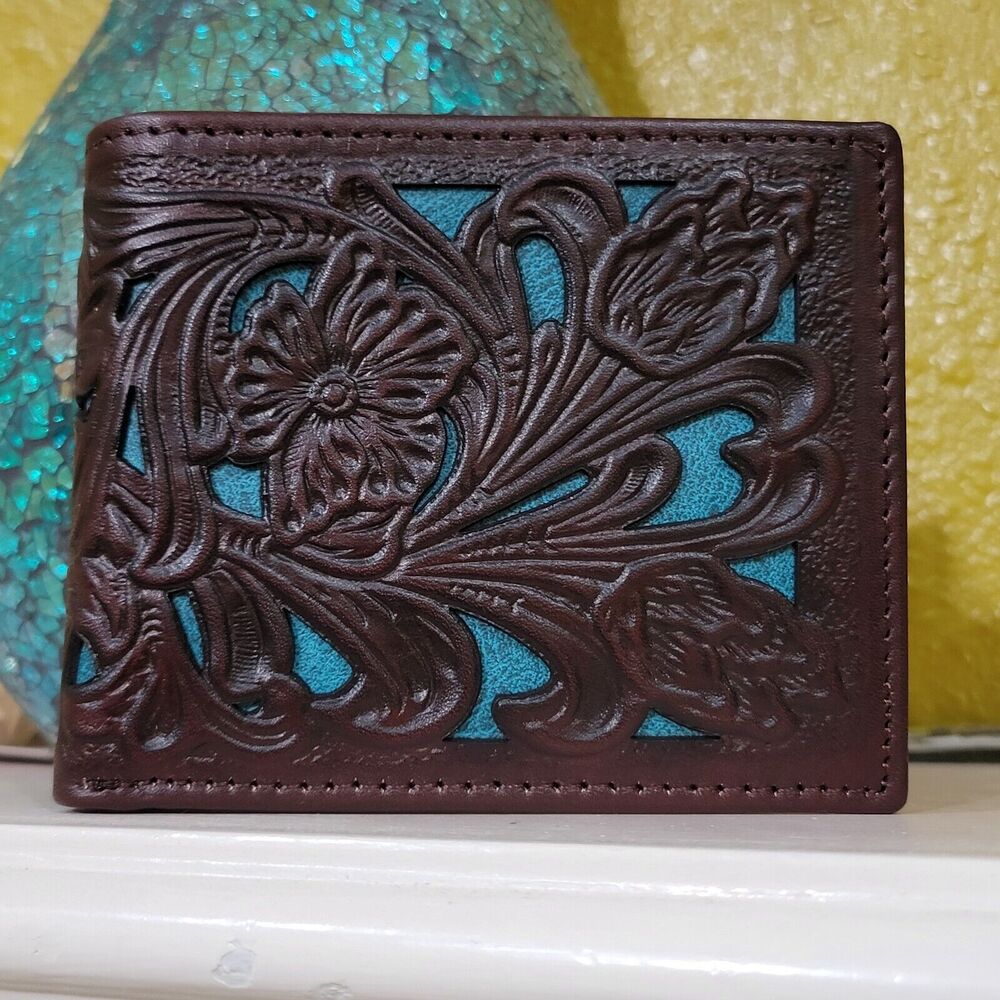 Western Mens wallet Western GENUINE LEATHER Short handtooled Brown & Teal